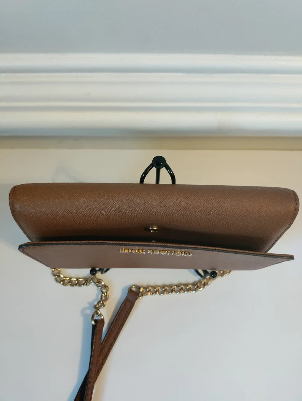 Michael Kors Cognac Saffiano Leather Crossbody Wallet with Gold Chain